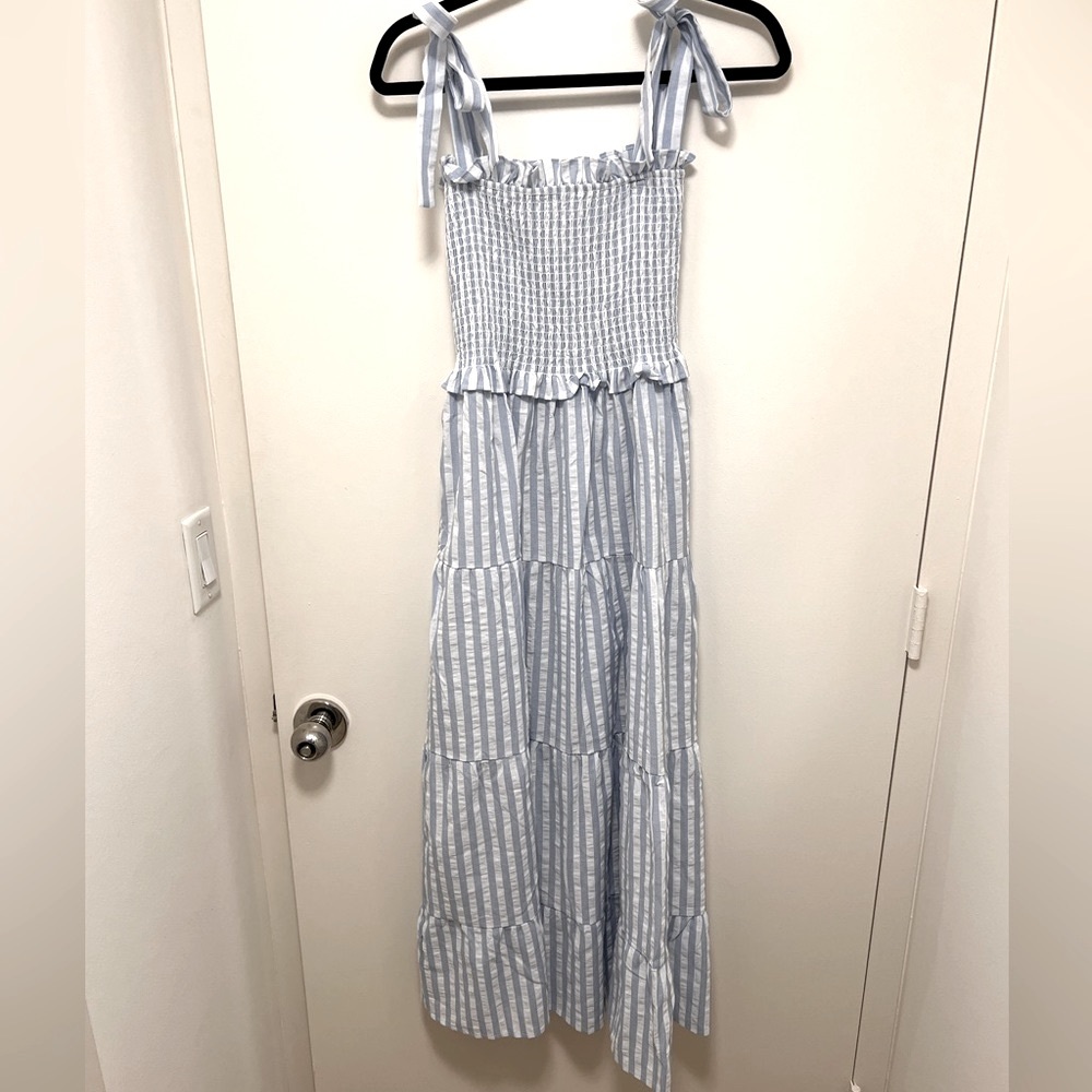 Blue and white seersucker summer dress